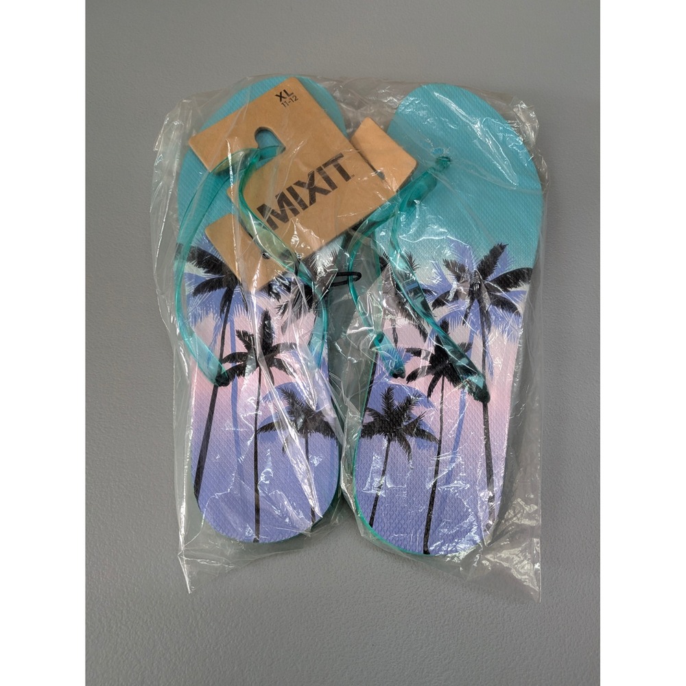 MIXIT Flip Flops‎ XL 11-12 Teal Palm Tree Beach Summer Sandals New